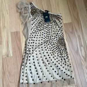 One-Shoulder Beaded Dress. NWT, ABS; beads, lace shoulder. Mini dress size 0